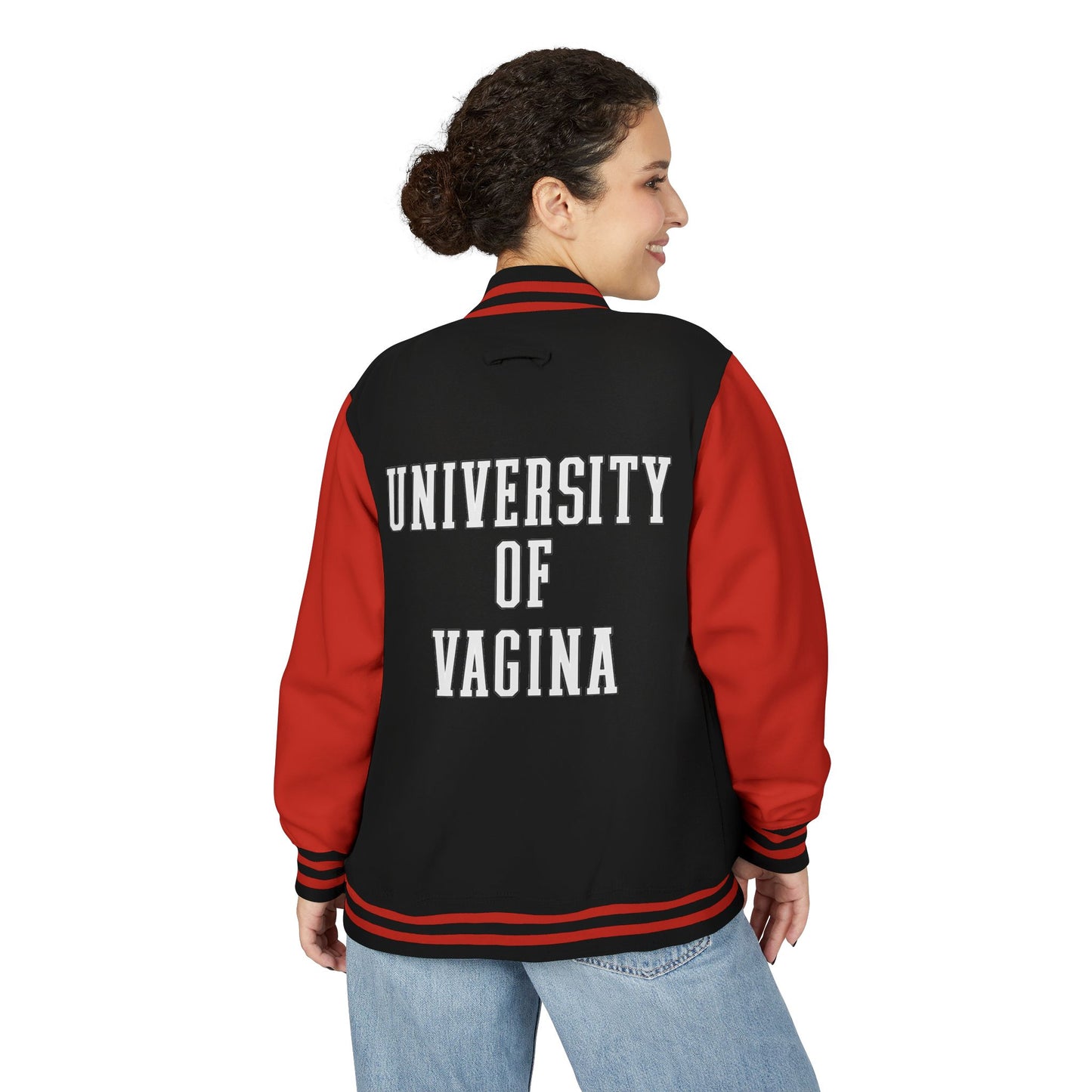 "University of Vagina" Letterman Jacket — Back Print Collegiate Bomber