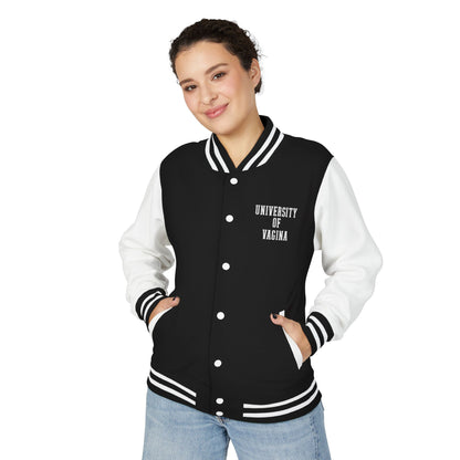 "University of Vagina" Letterman Jacket —  Back Print Collegiate Bomber