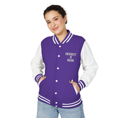 "University of Vagina" Letterman Jacket —  Back Print Collegiate Bomber