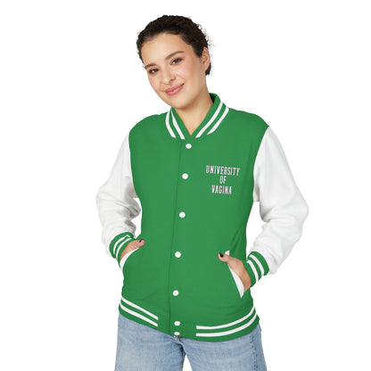 "University of Vagina" Letterman Jacket —  Back Print Collegiate Bomber