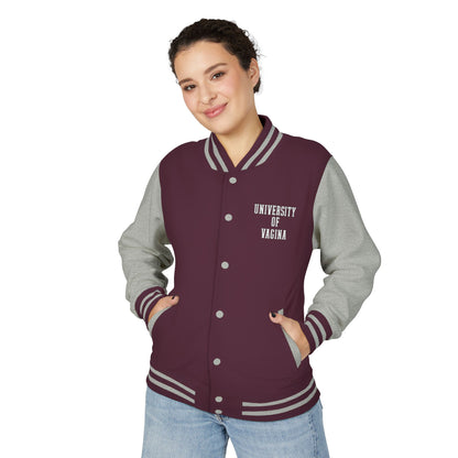 "University of Vagina" Letterman Jacket —  Back Print Collegiate Bomber