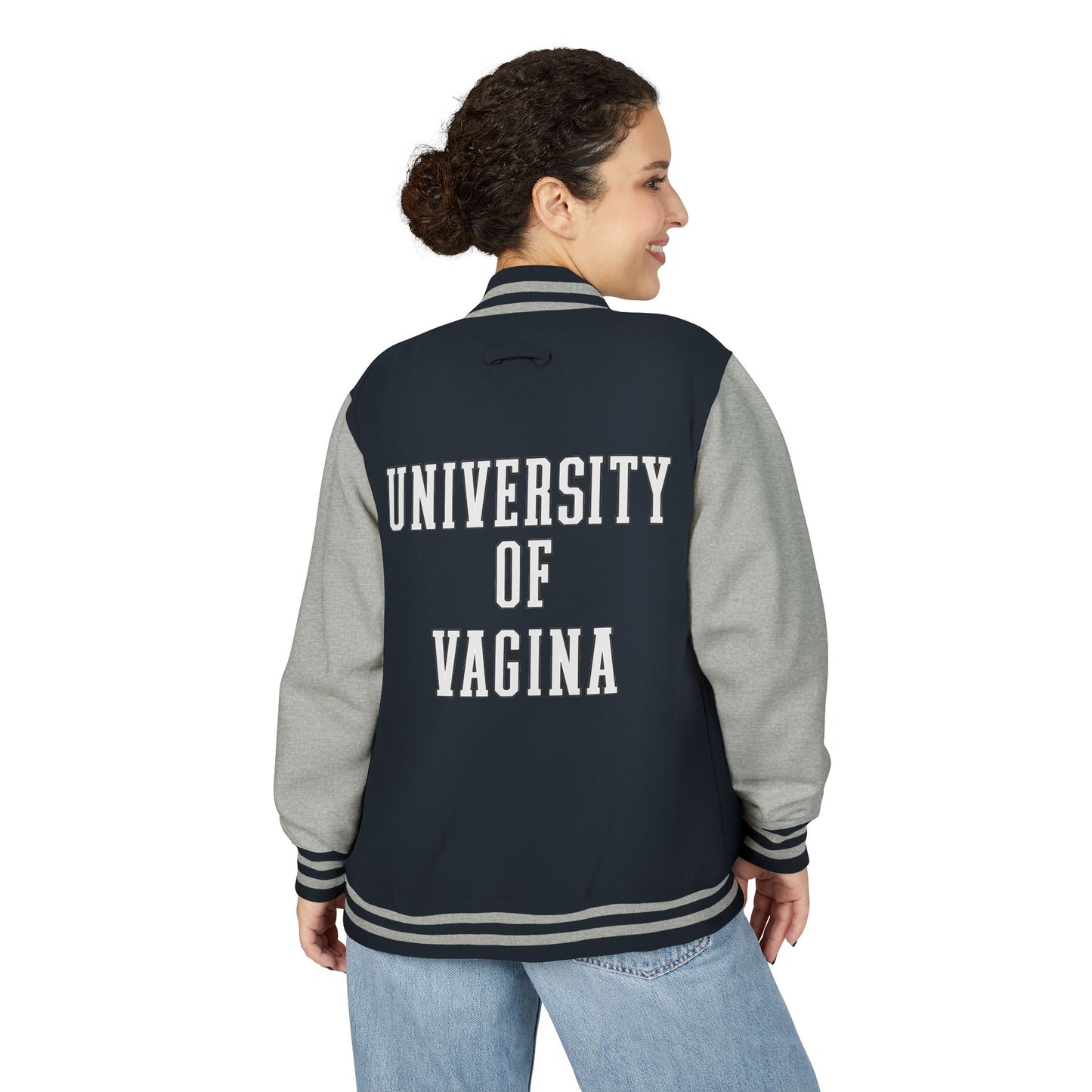 "University of Vagina" Letterman Jacket —  Back Print Collegiate Bomber