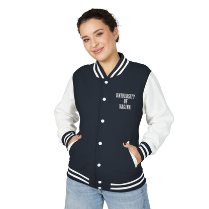"University of Vagina" Letterman Jacket —  Back Print Collegiate Bomber
