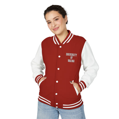 "University of Vagina" Letterman Jacket —  Back Print Collegiate Bomber
