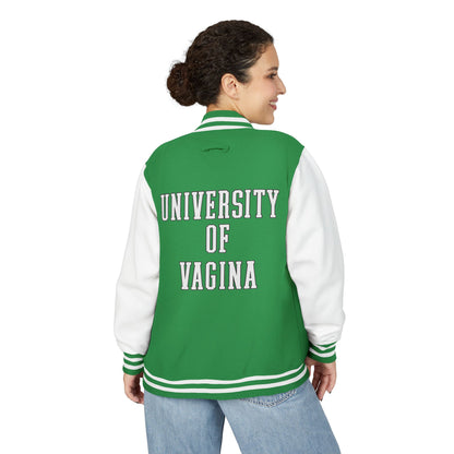 "University of Vagina" Letterman Jacket —  Back Print Collegiate Bomber