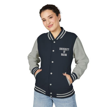 "University of Vagina" Letterman Jacket —  Back Print Collegiate Bomber