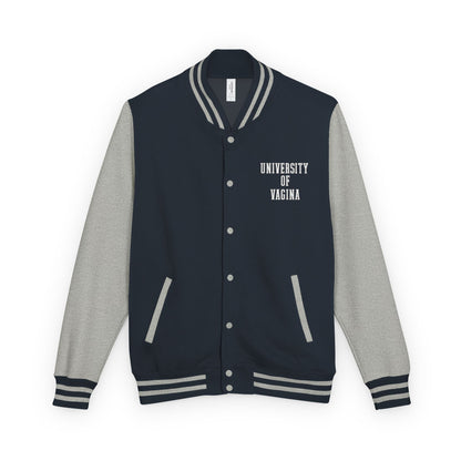 "University of Vagina" Letterman Jacket —  Back Print Collegiate Bomber