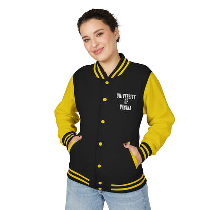 "University of Vagina" Letterman Jacket —  Back Print Collegiate Bomber