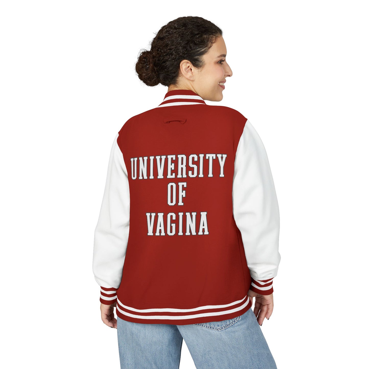 "University of Vagina" Letterman Jacket —  Back Print Collegiate Bomber