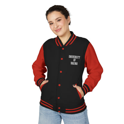 "University of Vagina" Letterman Jacket —  Back Print Collegiate Bomber