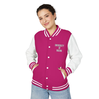 "University of Vagina" Letterman Jacket —  Back Print Collegiate Bomber